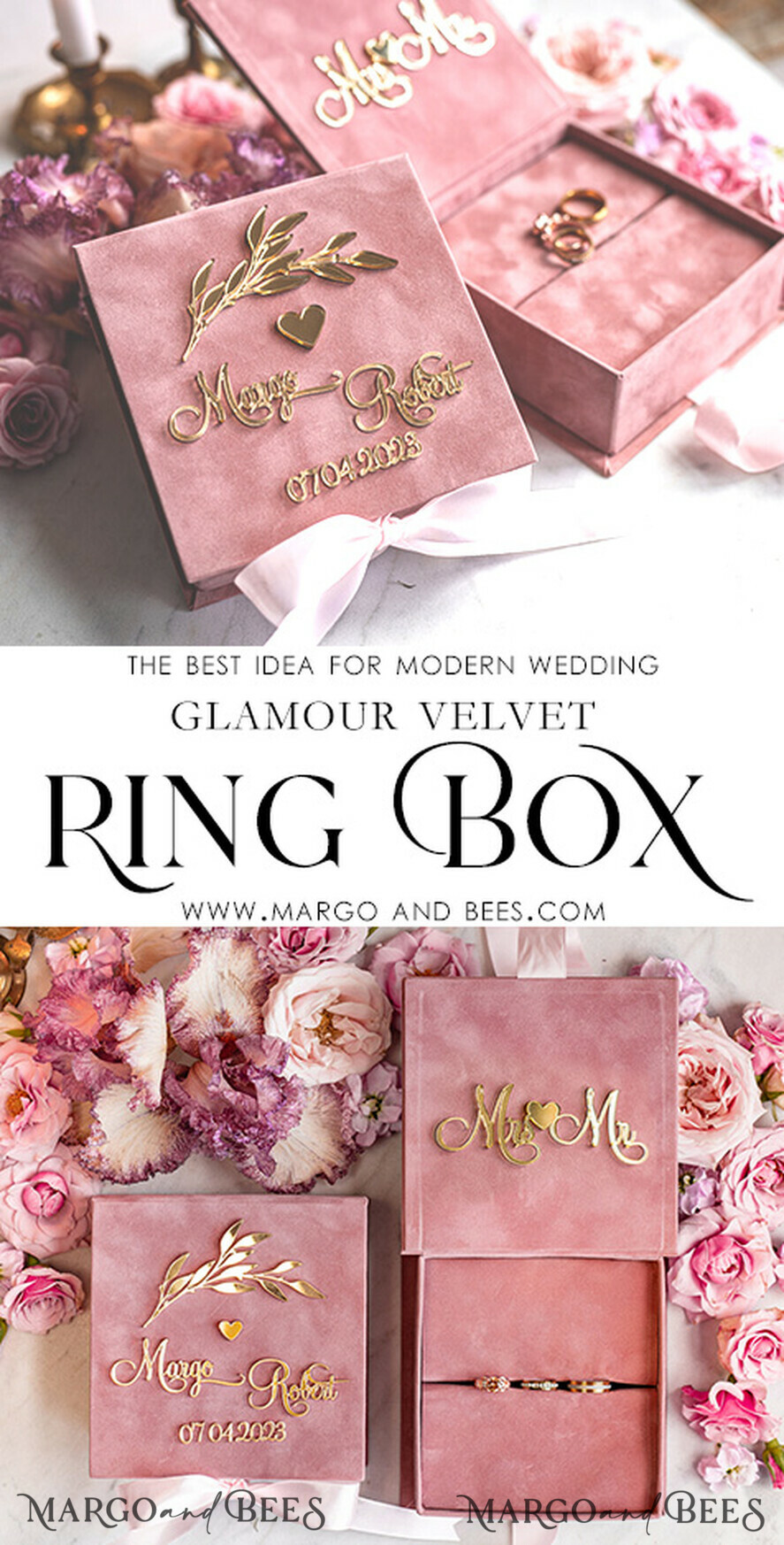 RINGTRÄGERBOXEN & KISSEN Samtkästchen für den Trauungszeremonie Blush Pink Goldene Samt-Ringbox für die Zeremonie, Ringbox für die Hochzeitszeremonie 3 Ringe Samt, Boho Glam Hochzeitsringboxen für ihn und sie, Luxuriöse Samt-Ringbox doppelt, Individuelle Farben