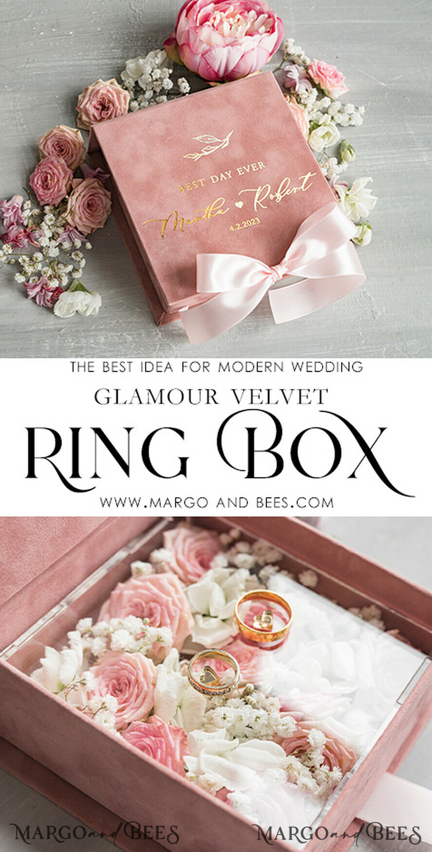 RINGTRÄGERBOXEN & KISSEN Samtkästchen für den Trauungszeremonie Luxuriöse Samt-Eheringe-Box, elegante Hochzeitsbox aus samtigem blush Pink, zarte und handgefertigte Eheringe-Box.
