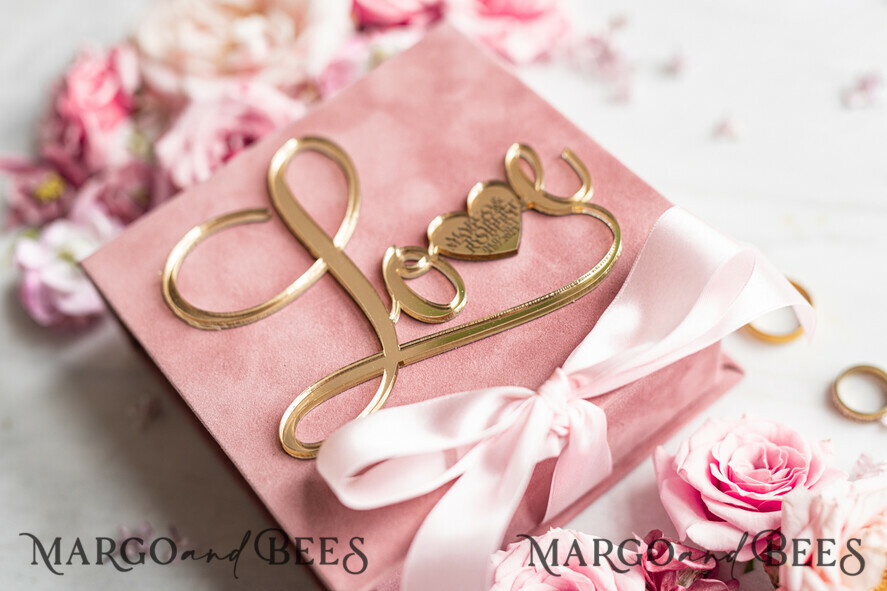 RINGTRÄGERBOXEN & KISSEN Samtkästchen für den Trauungszeremonie Ringbox für die Hochzeitszeremonie 3 Ringe, Blush Pink Goldene Samt Hochzeit Ringbox für Zeremonie, Glamour Hochzeit Ringboxen für ihn und sie, Luxus Samt Ringbox doppelt, individuelle Farben.