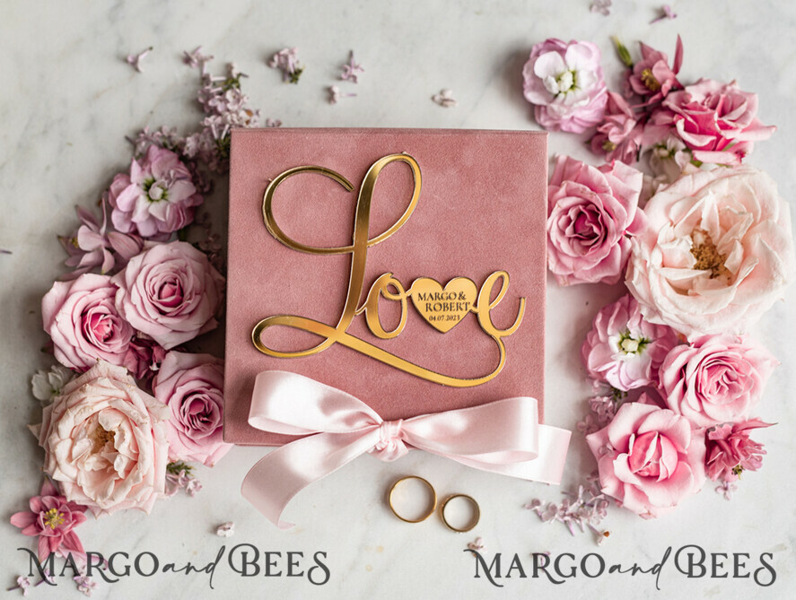 RINGTRÄGERBOXEN & KISSEN Samtkästchen für den Trauungszeremonie Ringbox für die Hochzeitszeremonie 3 Ringe, Blush Pink Goldene Samt Hochzeit Ringbox für Zeremonie, Glamour Hochzeit Ringboxen für ihn und sie, Luxus Samt Ringbox doppelt, individuelle Farben.