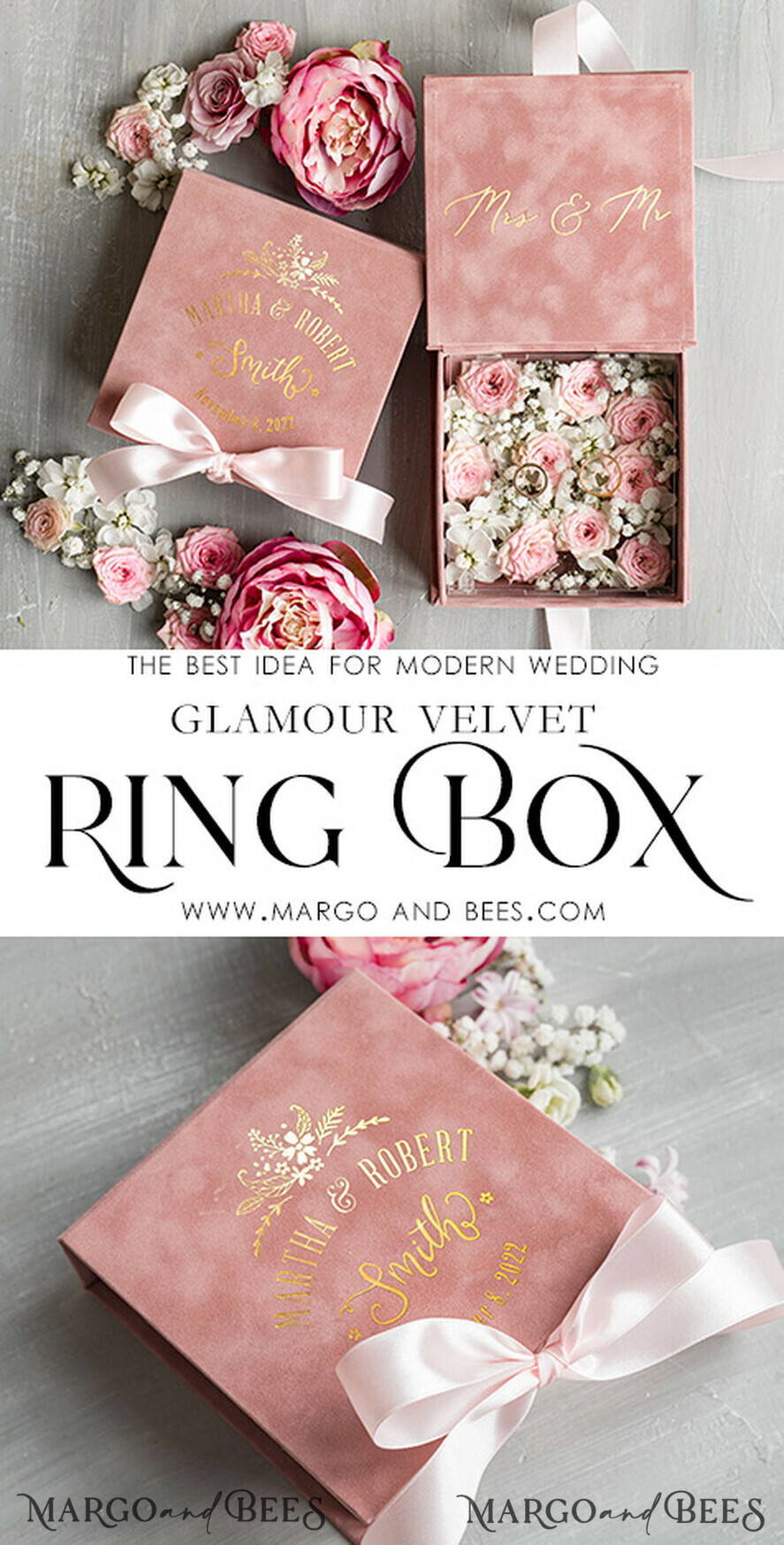 RINGTRÄGERBOXEN & KISSEN Samtkästchen für den Trauungszeremonie Luxuriöse Samt-Eheringe-Box, Glamour Blush Pink und Gold Eheringe-Box, Elegante Eheringe-Box aus Samt in Blush Pink, Handgemachte Eheringe-Box