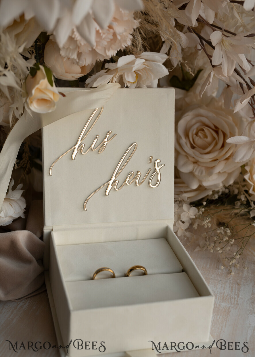 RINGTRÄGERBOXEN & KISSEN Samtkästchen für den Trauungszeremonie Elfenbein Hochzeitsringboxen sein ihre, Luxuriöse Samt goldene Ringbox doppelt, Garten Hochzeitsringbox, ecru Hochzeitsbox für Trauringe