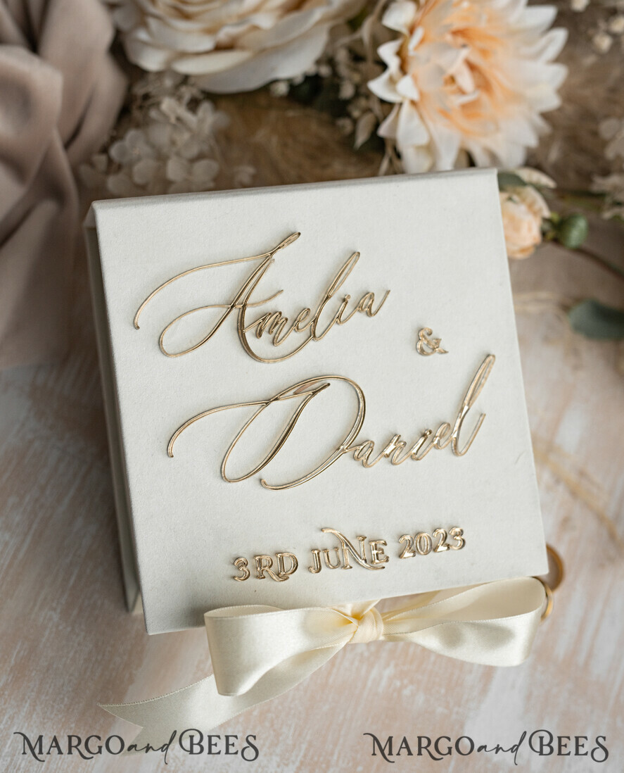 RINGTRÄGERBOXEN & KISSEN Samtkästchen für den Trauungszeremonie Elfenbein Hochzeitsringboxen sein ihre, Luxuriöse Samt goldene Ringbox doppelt, Garten Hochzeitsringbox, ecru Hochzeitsbox für Trauringe