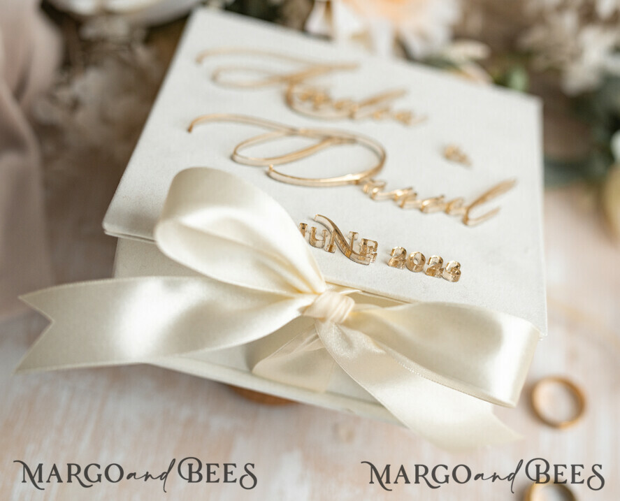 RINGTRÄGERBOXEN & KISSEN Samtkästchen für den Trauungszeremonie Elfenbein Hochzeitsringboxen sein ihre, Luxuriöse Samt goldene Ringbox doppelt, Garten Hochzeitsringbox, ecru Hochzeitsbox für Trauringe