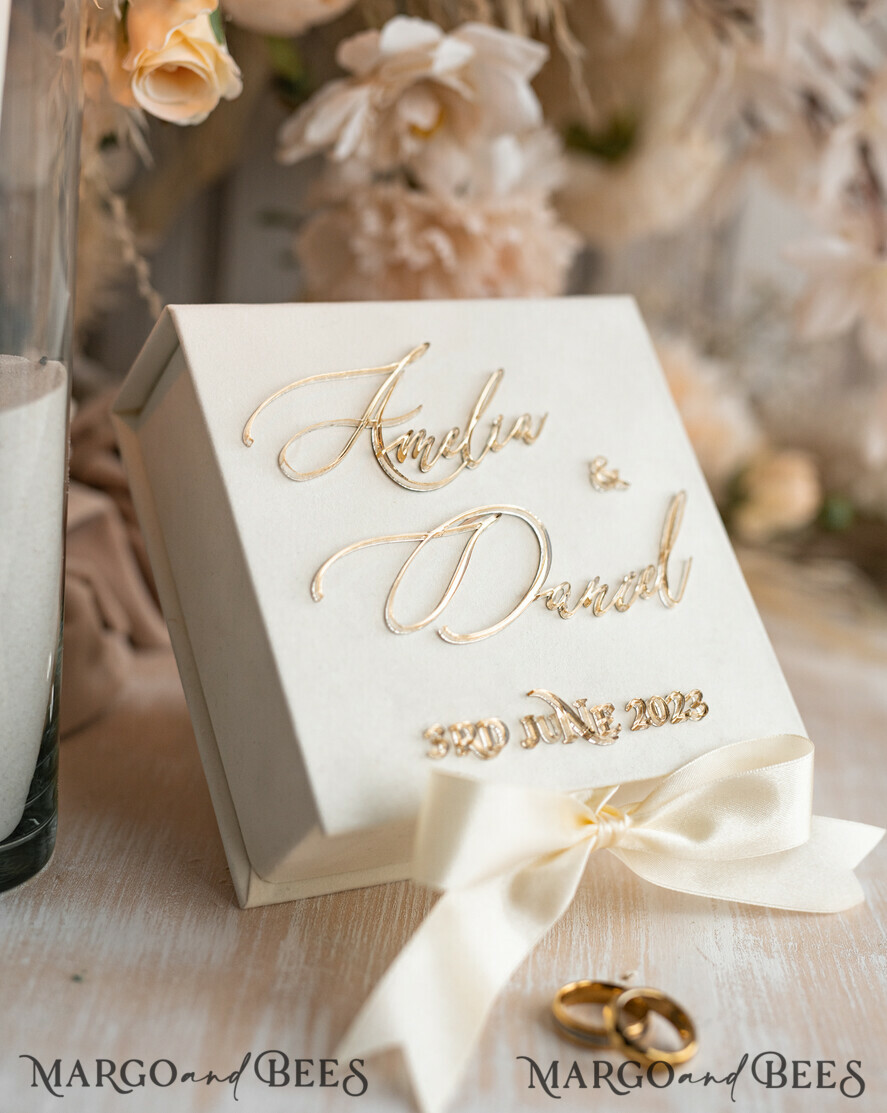 RINGTRÄGERBOXEN & KISSEN Samtkästchen für den Trauungszeremonie Elfenbein Hochzeitsringboxen sein ihre, Luxuriöse Samt goldene Ringbox doppelt, Garten Hochzeitsringbox, ecru Hochzeitsbox für Trauringe