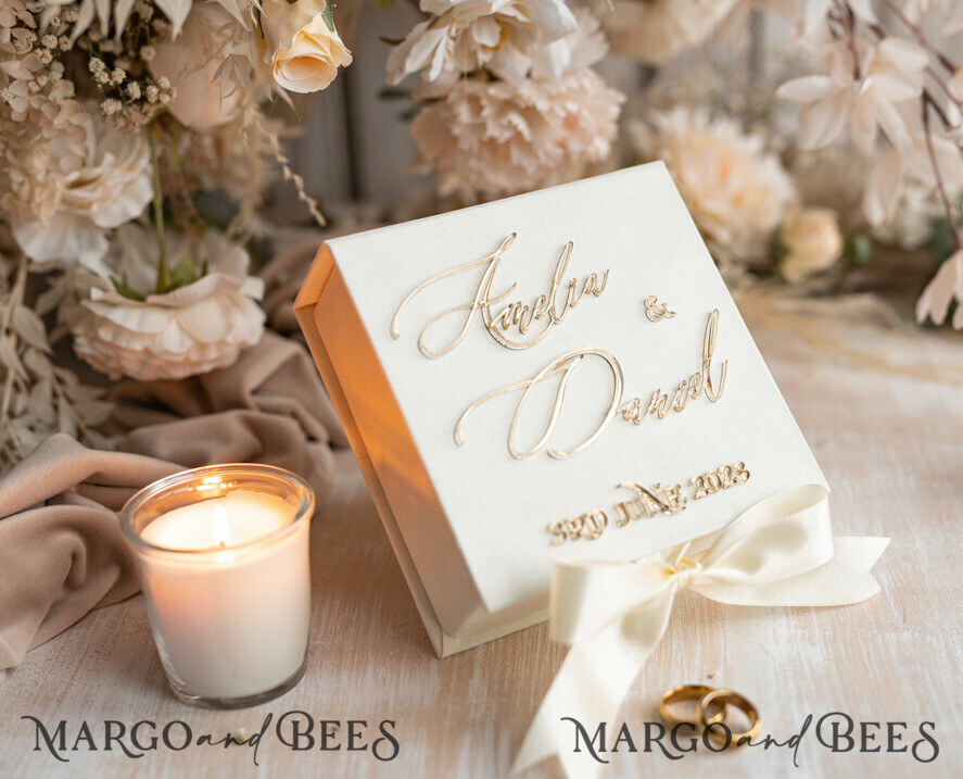 RINGTRÄGERBOXEN & KISSEN Samtkästchen für den Trauungszeremonie Elfenbein Hochzeitsringboxen sein ihre, Luxuriöse Samt goldene Ringbox doppelt, Garten Hochzeitsringbox, ecru Hochzeitsbox für Trauringe