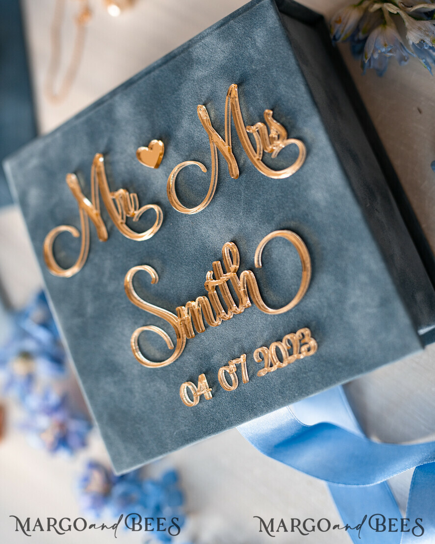RINGTRÄGERBOXEN & KISSEN Samtkästchen für den Trauungszeremonie Staubblauer goldener Samt-Ringbox für die Zeremonie, Ringbox für die Hochzeitszeremonie 3 Ringe Samt, Boho Glam Hochzeitsringboxen für ihn und sie, luxuriöse Samt-Ringbox doppelt mit maßgeschneiderten Farben.