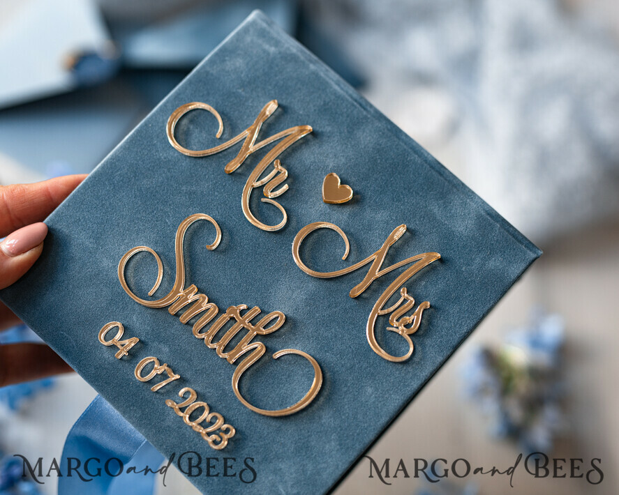 RINGTRÄGERBOXEN & KISSEN Samtkästchen für den Trauungszeremonie Staubblauer goldener Samt-Ringbox für die Zeremonie, Ringbox für die Hochzeitszeremonie 3 Ringe Samt, Boho Glam Hochzeitsringboxen für ihn und sie, luxuriöse Samt-Ringbox doppelt mit maßgeschneiderten Farben.