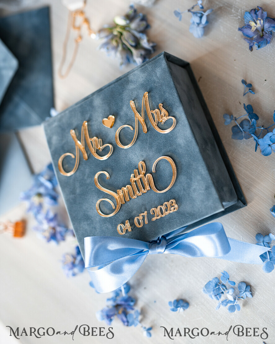 RINGTRÄGERBOXEN & KISSEN Samtkästchen für den Trauungszeremonie Staubblauer goldener Samt-Ringbox für die Zeremonie, Ringbox für die Hochzeitszeremonie 3 Ringe Samt, Boho Glam Hochzeitsringboxen für ihn und sie, luxuriöse Samt-Ringbox doppelt mit maßgeschneiderten Farben.