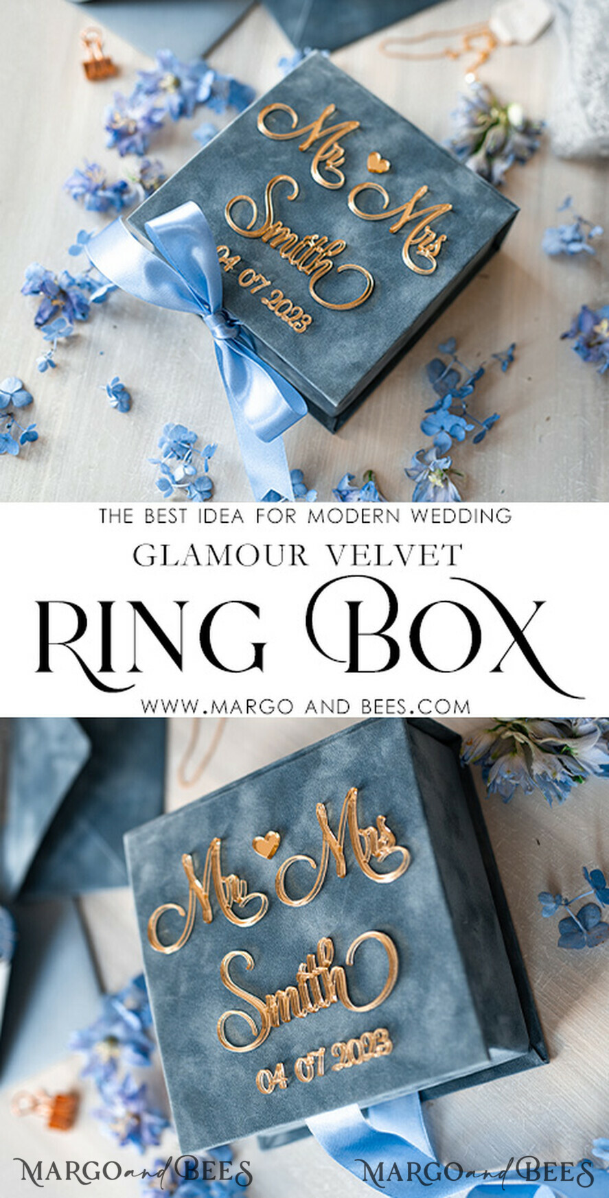 RINGTRÄGERBOXEN & KISSEN Samtkästchen für den Trauungszeremonie Staubblauer goldener Samt-Ringbox für die Zeremonie, Ringbox für die Hochzeitszeremonie 3 Ringe Samt, Boho Glam Hochzeitsringboxen für ihn und sie, luxuriöse Samt-Ringbox doppelt mit maßgeschneiderten Farben.