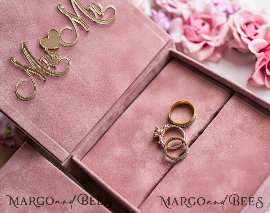 RINGTRÄGERBOXEN & KISSEN Samtkästchen für den Trauungszeremonie Ringbox für die Hochzeitszeremonie 3 Ringe, Blush Pink Goldener Samt Hochzeitsringbox für die Zeremonie, Glamour Hochzeitsringboxen für ihn und sie, Luxus Samt Ringbox doppelt, benutzerdefinierte Farben.