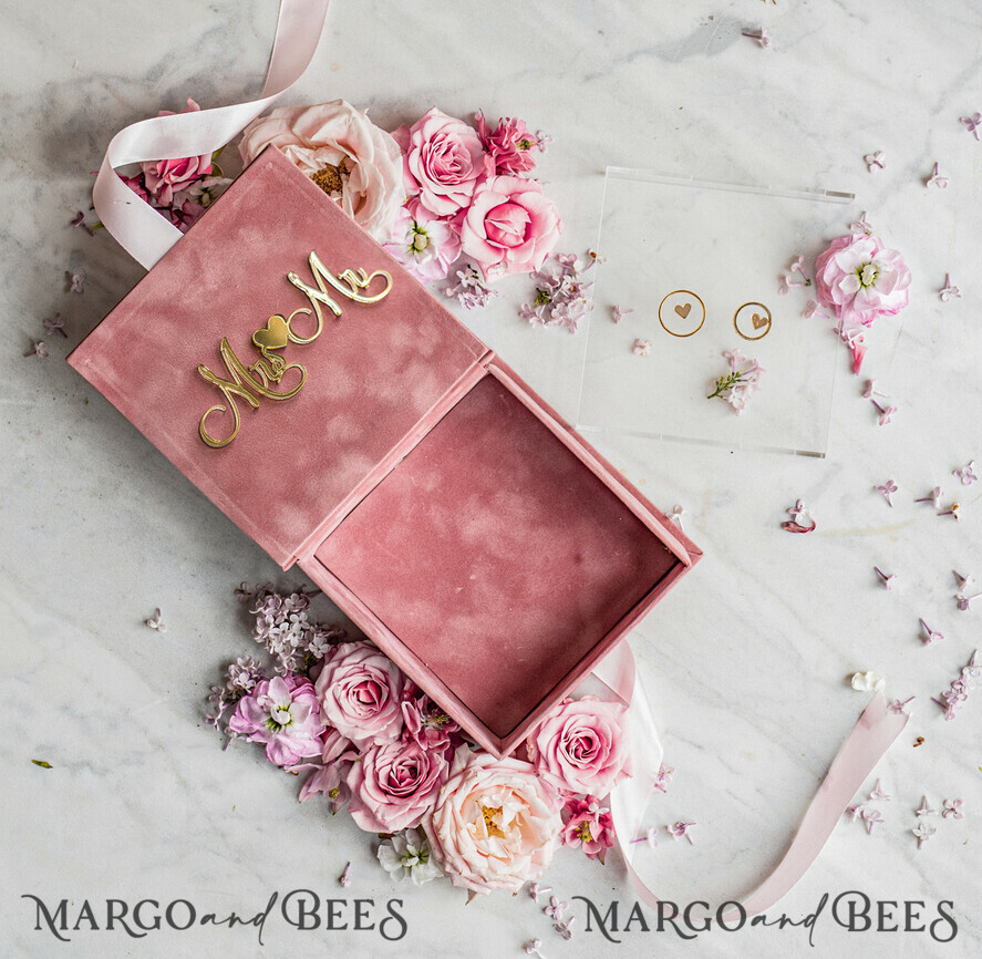 RINGTRÄGERBOXEN & KISSEN Samtkästchen für den Trauungszeremonie Ringbox für die Hochzeitszeremonie 3 Ringe, Blush Pink goldene Samt-Hochzeitsringbox für die Zeremonie, Boho Glam Hochzeitsringboxen für ihn und sie, luxuriöse Samt-Ringbox doppelt, maßgeschneiderte Farben.