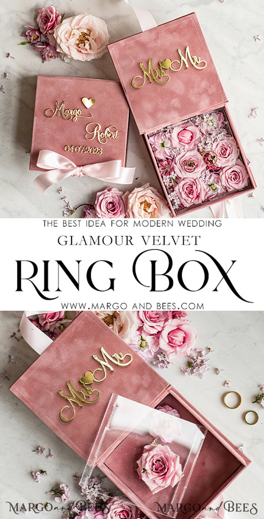 RINGTRÄGERBOXEN & KISSEN Samtkästchen für den Trauungszeremonie Ringbox für die Hochzeitszeremonie 3 Ringe, Blush Pink goldene Samt-Hochzeitsringbox für die Zeremonie, Boho Glam Hochzeitsringboxen für ihn und sie, luxuriöse Samt-Ringbox doppelt, maßgeschneiderte Farben.