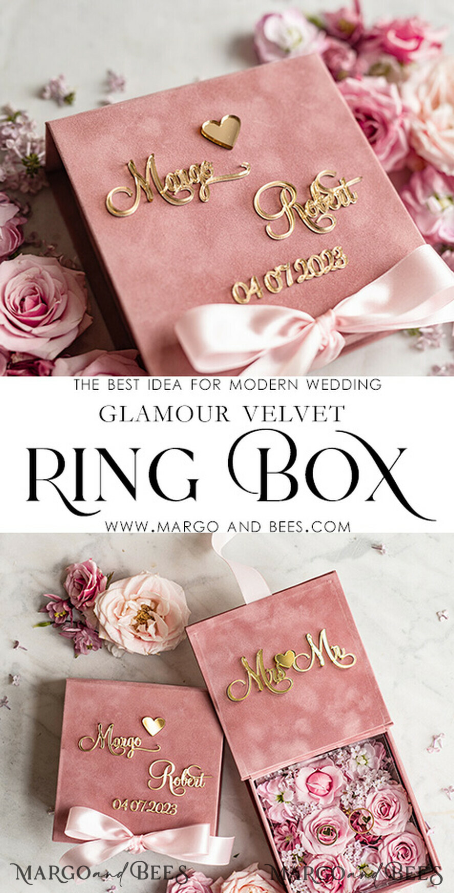 RINGTRÄGERBOXEN & KISSEN Samtkästchen für den Trauungszeremonie Ringbox für die Hochzeitszeremonie 3 Ringe, Blush Pink goldene Samt-Hochzeitsringbox für die Zeremonie, Boho Glam Hochzeitsringboxen für ihn und sie, luxuriöse Samt-Ringbox doppelt, maßgeschneiderte Farben.