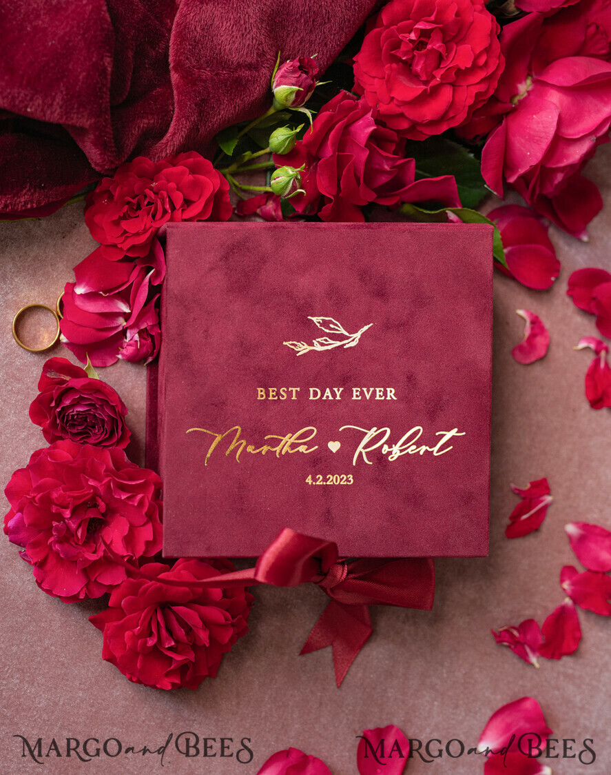 RINGTRÄGERBOXEN & KISSEN Samtkästchen für den Trauungszeremonie Marsala Gold Velvet Acryl Hochzeitsringbox, Glamour Maroon und Gold Hochzeitsringbox, Elegante Hochzeitsbox Samt Burgunder Rosa, Handgemachte Hochzeitsringbox