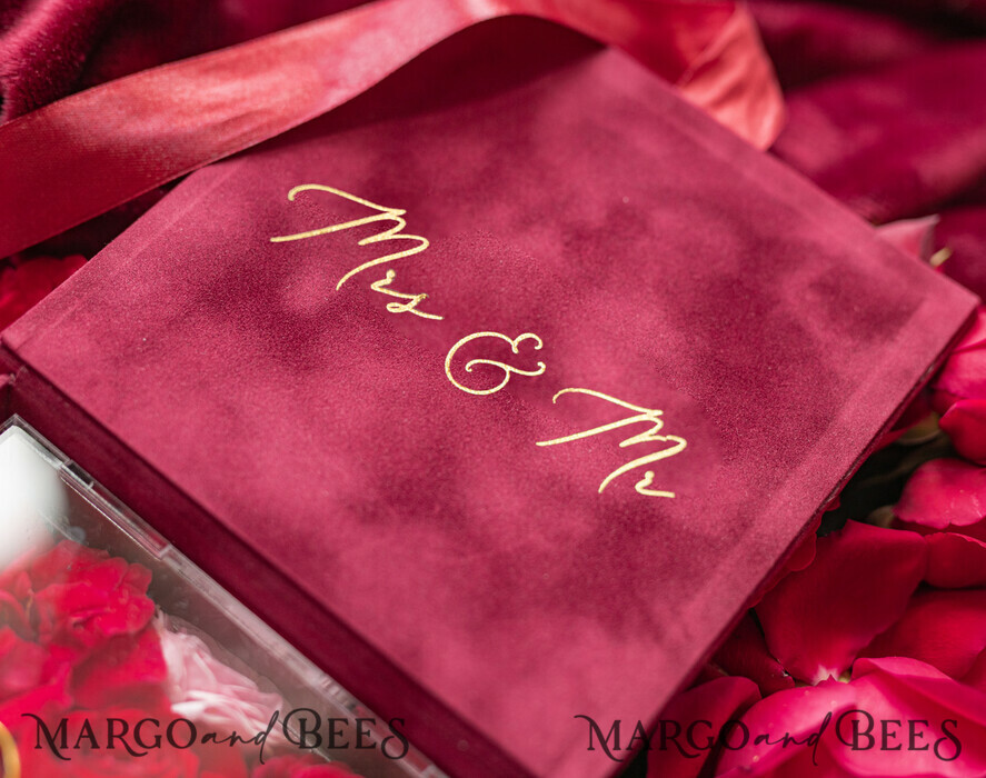RINGTRÄGERBOXEN & KISSEN Samtkästchen für den Trauungszeremonie Marsala Gold Velvet Acryl Hochzeitsringbox, Glamour Maroon und Gold Hochzeitsringbox, Elegante Hochzeitsbox Samt Burgunder Rosa, Handgemachte Hochzeitsringbox