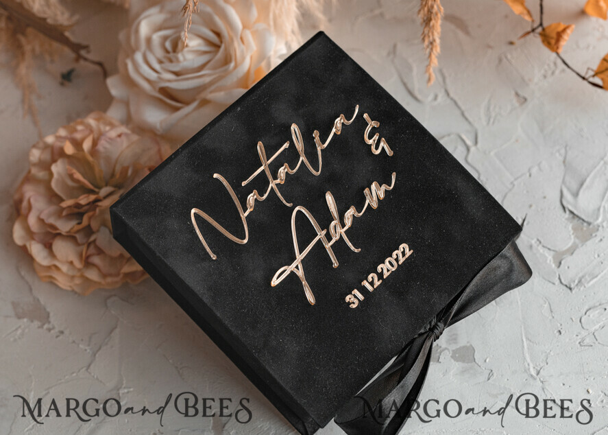 RINGTRÄGERBOXEN & KISSEN Samtkästchen für den Trauungszeremonie Schwarze goldene Samt Hochzeit Ring Box für die Zeremonie, Ring Box für die Hochzeitszeremonie 3 Ringe Samt, Boho Glam Hochzeit Ring Boxen für ihn und sie, Luxus Samt Ring Box doppelt Individuelle Farben