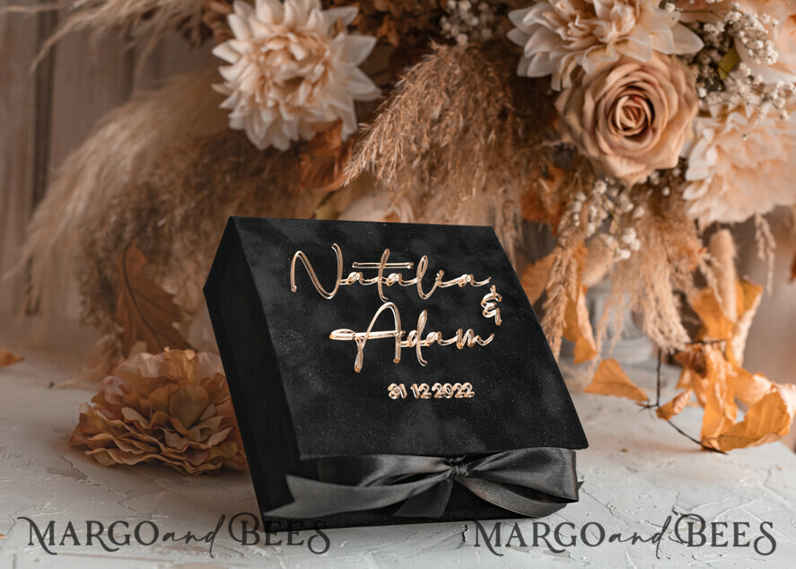 RINGTRÄGERBOXEN & KISSEN Samtkästchen für den Trauungszeremonie Schwarze goldene Samt Hochzeit Ring Box für die Zeremonie, Ring Box für die Hochzeitszeremonie 3 Ringe Samt, Boho Glam Hochzeit Ring Boxen für ihn und sie, Luxus Samt Ring Box doppelt Individuelle Farben