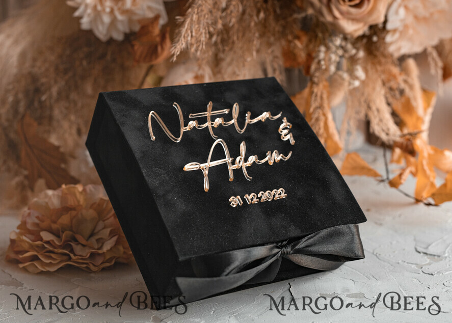 RINGTRÄGERBOXEN & KISSEN Samtkästchen für den Trauungszeremonie Schwarze goldene Samt Hochzeit Ring Box für die Zeremonie, Ring Box für die Hochzeitszeremonie 3 Ringe Samt, Boho Glam Hochzeit Ring Boxen für ihn und sie, Luxus Samt Ring Box doppelt Individuelle Farben