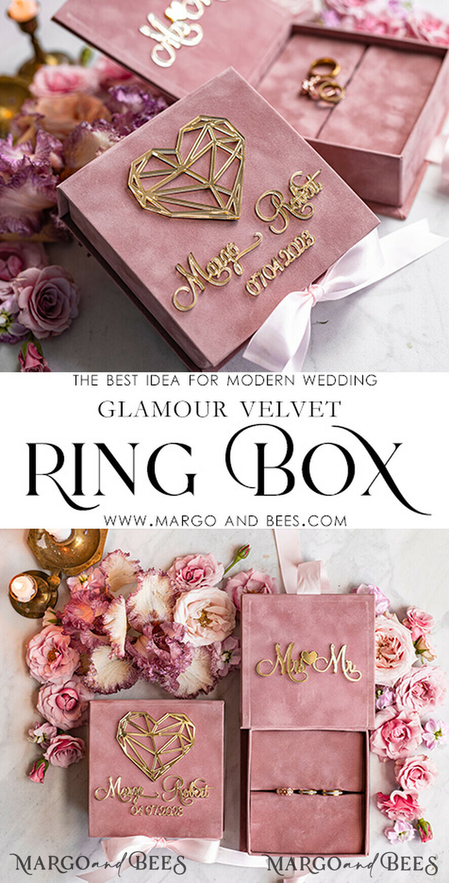 RINGTRÄGERBOXEN & KISSEN Samtkästchen für den Trauungszeremonie Ringbox für die Hochzeitszeremonie 3 Ringe, Blush Pink Goldene Samt-Hochzeitsringbox für die Zeremonie, Boho Glam Hochzeitsringboxen für ihn und sie, Luxus-Samt-Ringbox doppelt, maßgeschneiderte Farben.