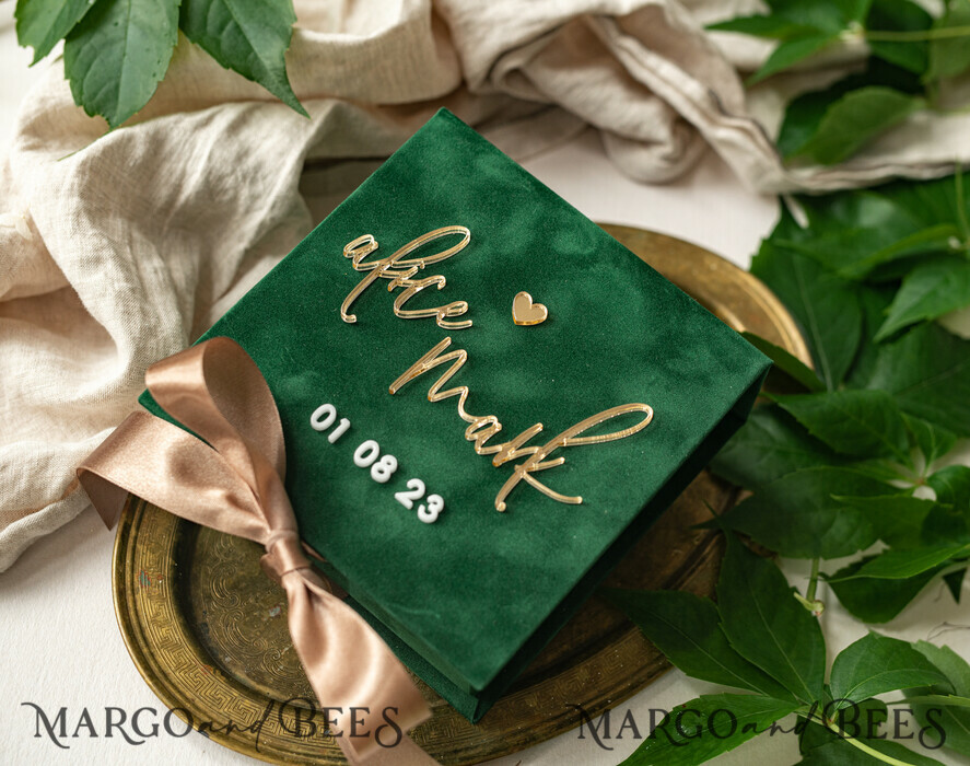 RINGTRÄGERBOXEN & KISSEN Samtkästchen für den Trauungszeremonie Grüne goldene Samt-Ehering-Box für die Zeremonie, Ringbox für die Hochzeitszeremonie 3 Ringe Samt, Boho Glam Hochzeitsringboxen für ihn und sie, Luxuriöse Samt-Ringbox doppelt, individuelle Farben.