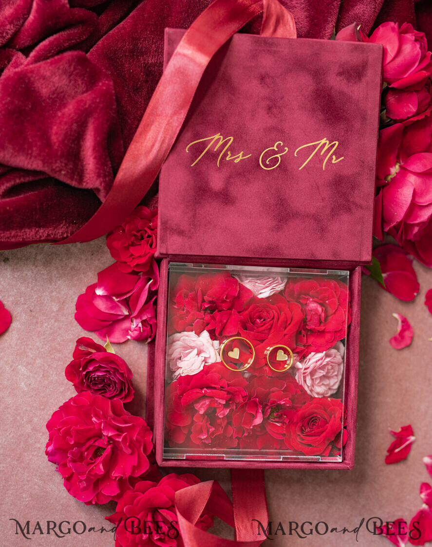 RINGTRÄGERBOXEN & KISSEN Samtkästchen für den Trauungszeremonie Luxuriöse Samt-Acryl-Hochzeitsring-Box, Glamour Bordeauxrot und goldene Hochzeitsring-Box, elegante Hochzeitsbox aus burgunderfarbenem Samt in Pink, handgefertigte Hochzeitsring-Box.