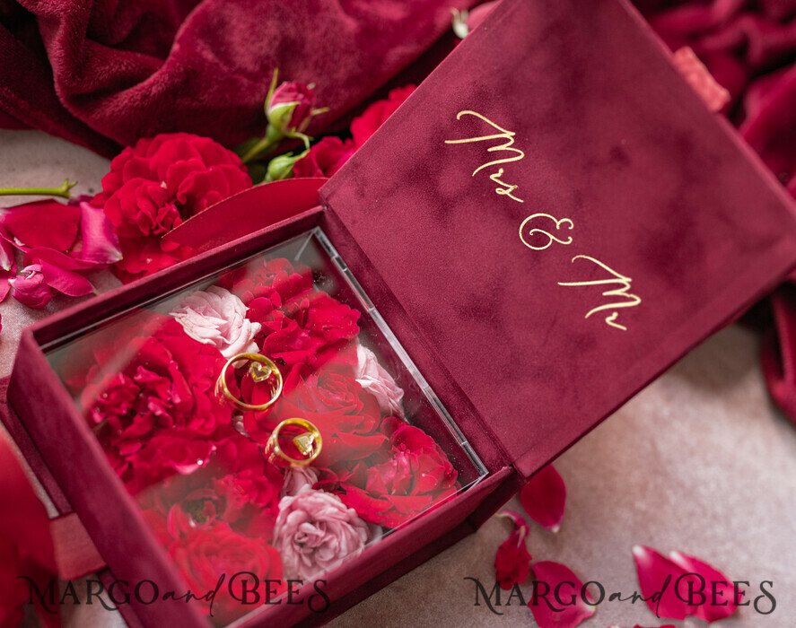 RINGTRÄGERBOXEN & KISSEN Samtkästchen für den Trauungszeremonie Luxuriöse Samt-Acryl-Hochzeitsring-Box, Glamour Bordeauxrot und goldene Hochzeitsring-Box, elegante Hochzeitsbox aus burgunderfarbenem Samt in Pink, handgefertigte Hochzeitsring-Box.