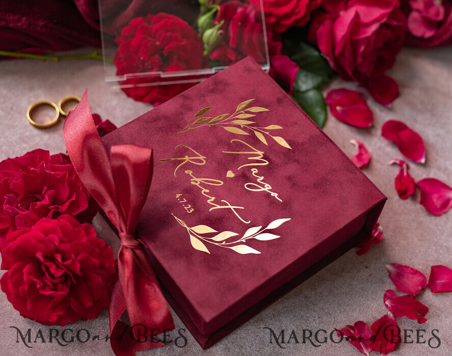 RINGTRÄGERBOXEN & KISSEN Samtkästchen für den Trauungszeremonie Luxuriöse Samt-Acryl-Hochzeitsring-Box, Glamour Bordeauxrot und goldene Hochzeitsring-Box, elegante Hochzeitsbox aus burgunderfarbenem Samt in Pink, handgefertigte Hochzeitsring-Box.