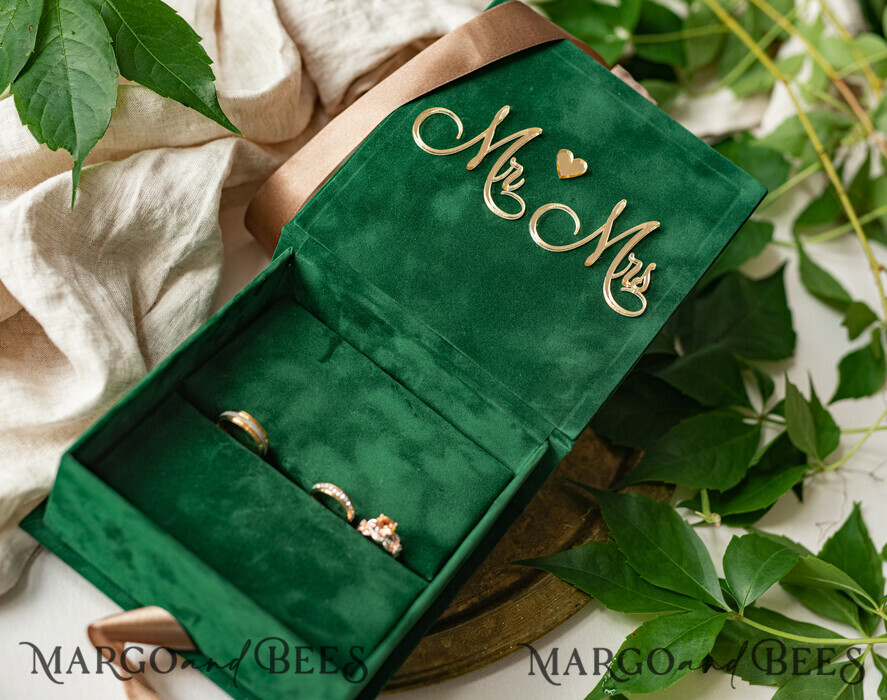 RINGTRÄGERBOXEN & KISSEN Samtkästchen für den Trauungszeremonie Grüne goldene Samt-Ringbox für die Zeremonie, Ringbox für die Hochzeitszeremonie 3 Ringe Samt, Boho Glam Hochzeitsringboxen für ihn und sie, Luxuriöse Samt-Ringbox doppelt, maßgeschneiderte Farben.