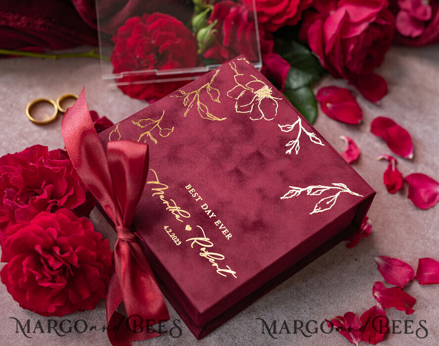 RINGTRÄGERBOXEN & KISSEN Samtkästchen für den Trauungszeremonie Marsala Gold Velvet Acryl Hochzeitsringe Box, Glamour Maroon und Gold Hochzeitsringe Box, Elegante Hochzeitsbox Samt Burgunder Rosa, Handgemachte Hochzeitsringe Box