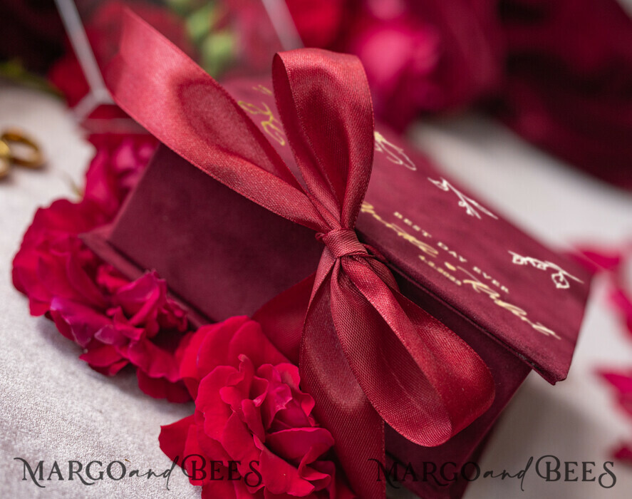 RINGTRÄGERBOXEN & KISSEN Samtkästchen für den Trauungszeremonie Marsala Gold Velvet Acryl Hochzeitsringe Box, Glamour Maroon und Gold Hochzeitsringe Box, Elegante Hochzeitsbox Samt Burgunder Rosa, Handgemachte Hochzeitsringe Box