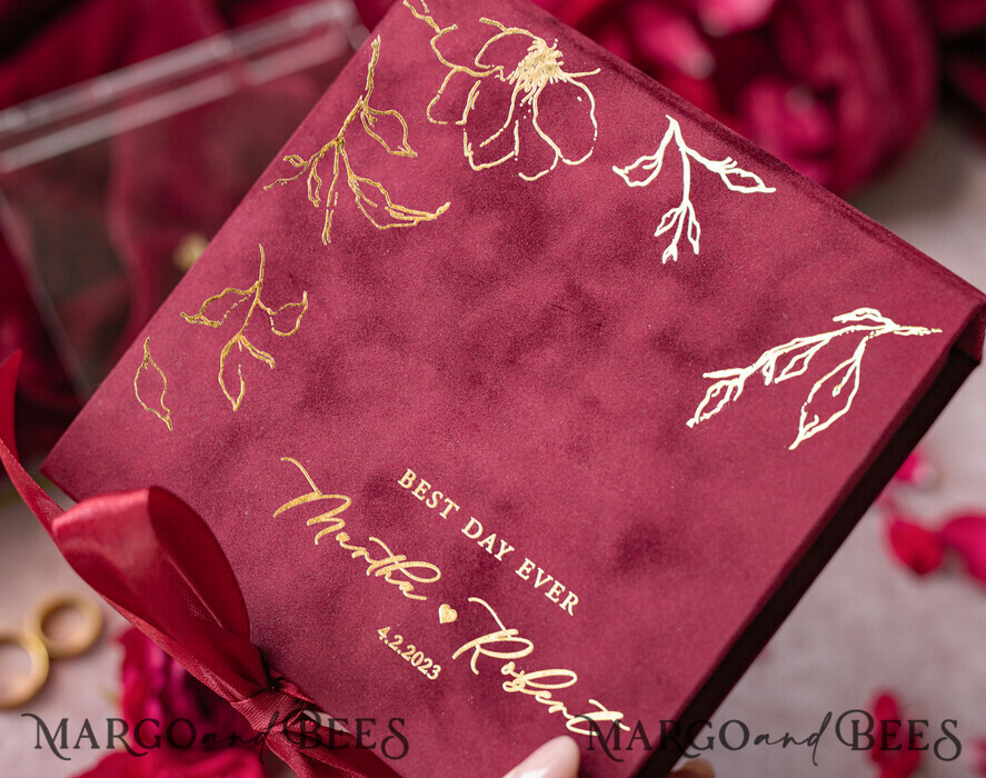 RINGTRÄGERBOXEN & KISSEN Samtkästchen für den Trauungszeremonie Marsala Gold Velvet Acryl Hochzeitsringe Box, Glamour Maroon und Gold Hochzeitsringe Box, Elegante Hochzeitsbox Samt Burgunder Rosa, Handgemachte Hochzeitsringe Box