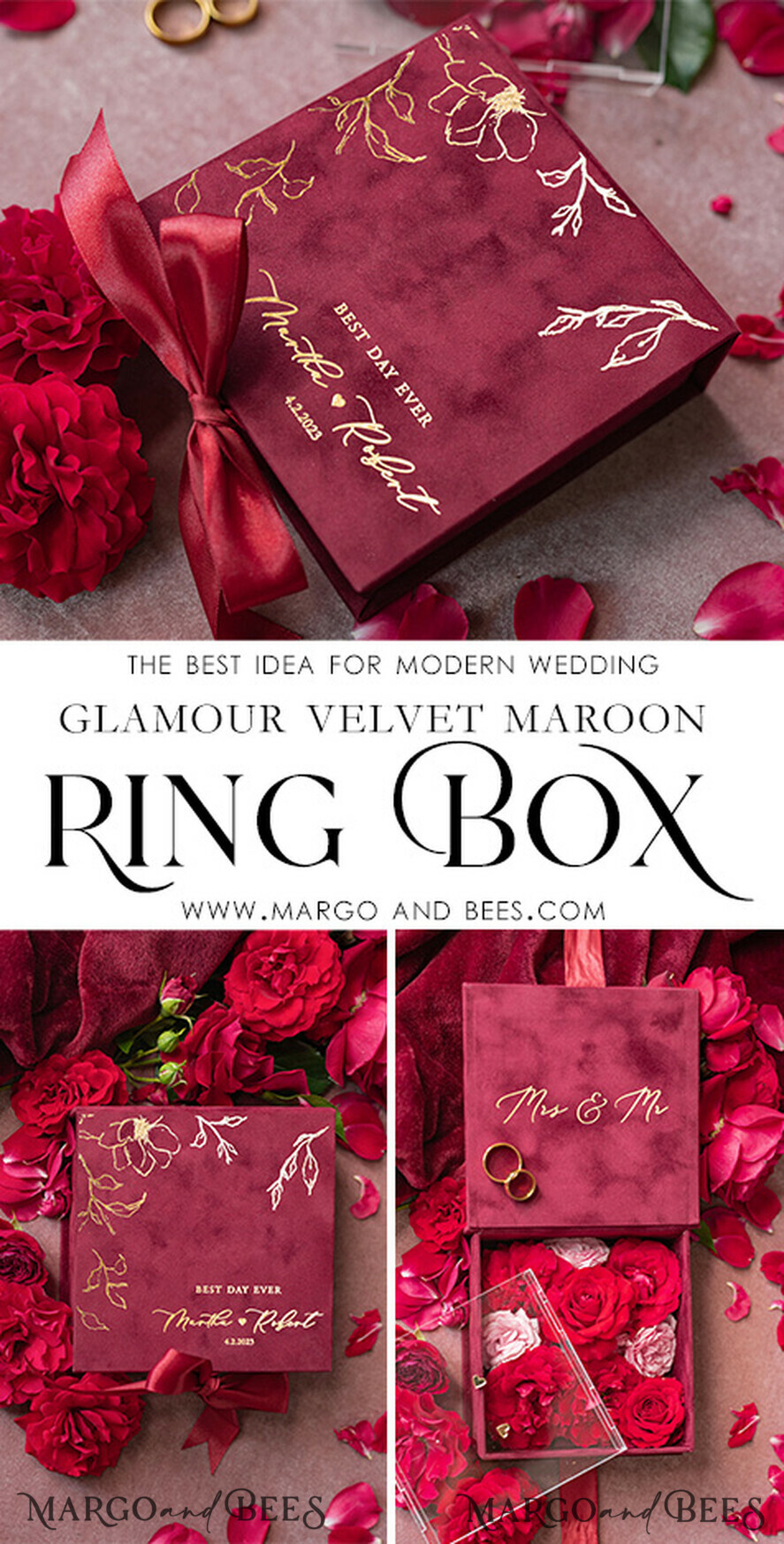 RINGTRÄGERBOXEN & KISSEN Samtkästchen für den Trauungszeremonie Marsala Gold Velvet Acryl Hochzeitsringe Box, Glamour Maroon und Gold Hochzeitsringe Box, Elegante Hochzeitsbox Samt Burgunder Rosa, Handgemachte Hochzeitsringe Box