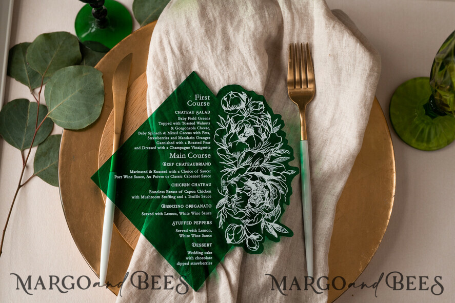 MENÜ & PROGRAMME  
 Glitzer/ Luxus Premium Smaragdgrünes Acryl Transparentes Tischmenü, Grünpflanzen Acryl Menü, Grünes Plexi Tischmenü, Luxuriöse Hochzeits Tischdekoration, Hochzeitsbeschilderung Abendessen Menü, sGA
