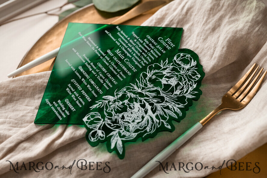 MENÜ & PROGRAMME  
 Glitzer/ Luxus Premium Smaragdgrünes Acryl Transparentes Tischmenü, Grünpflanzen Acryl Menü, Grünes Plexi Tischmenü, Luxuriöse Hochzeits Tischdekoration, Hochzeitsbeschilderung Abendessen Menü, sGA