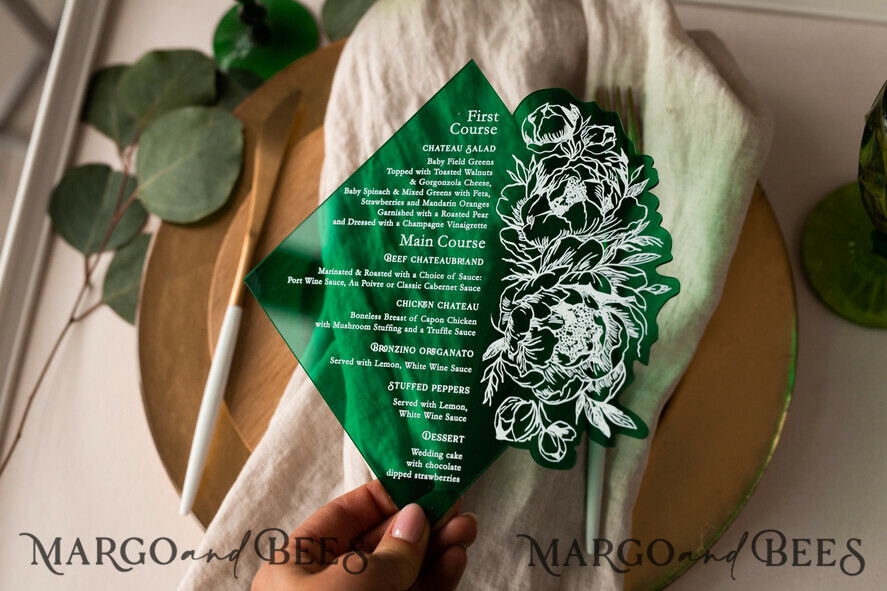MENÜ & PROGRAMME  
 Glitzer/ Luxus Premium Smaragdgrünes Acryl Transparentes Tischmenü, Grünpflanzen Acryl Menü, Grünes Plexi Tischmenü, Luxuriöse Hochzeits Tischdekoration, Hochzeitsbeschilderung Abendessen Menü, sGA