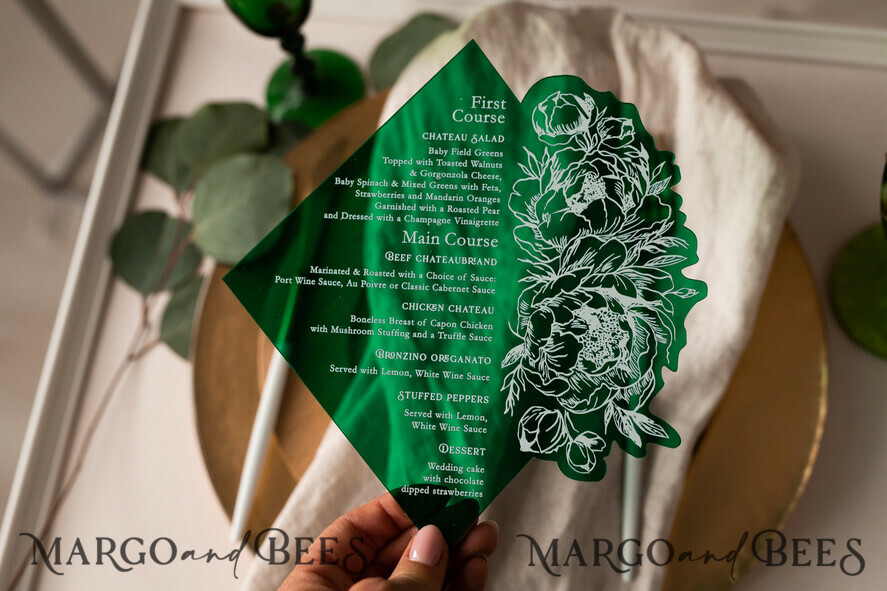 MENÜ & PROGRAMME  
 Glitzer/ Luxus Premium Smaragdgrünes Acryl Transparentes Tischmenü, Grünpflanzen Acryl Menü, Grünes Plexi Tischmenü, Luxuriöse Hochzeits Tischdekoration, Hochzeitsbeschilderung Abendessen Menü, sGA