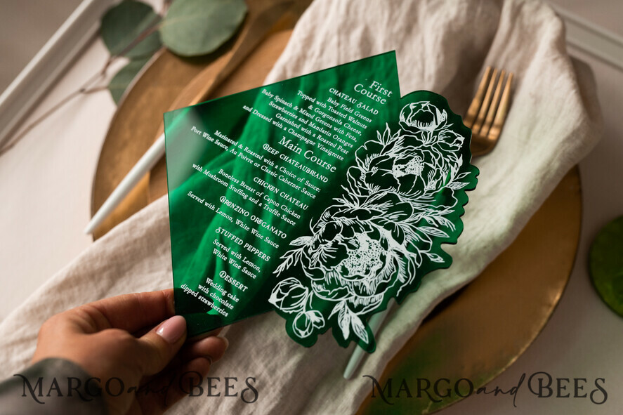 MENÜ & PROGRAMME  
 Glitzer/ Luxus Premium Smaragdgrünes Acryl Transparentes Tischmenü, Grünpflanzen Acryl Menü, Grünes Plexi Tischmenü, Luxuriöse Hochzeits Tischdekoration, Hochzeitsbeschilderung Abendessen Menü, sGA