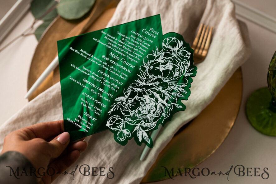 MENÜ & PROGRAMME  
 Glitzer/ Luxus Premium Smaragdgrünes Acryl Transparentes Tischmenü, Grünpflanzen Acryl Menü, Grünes Plexi Tischmenü, Luxuriöse Hochzeits Tischdekoration, Hochzeitsbeschilderung Abendessen Menü, sGA
