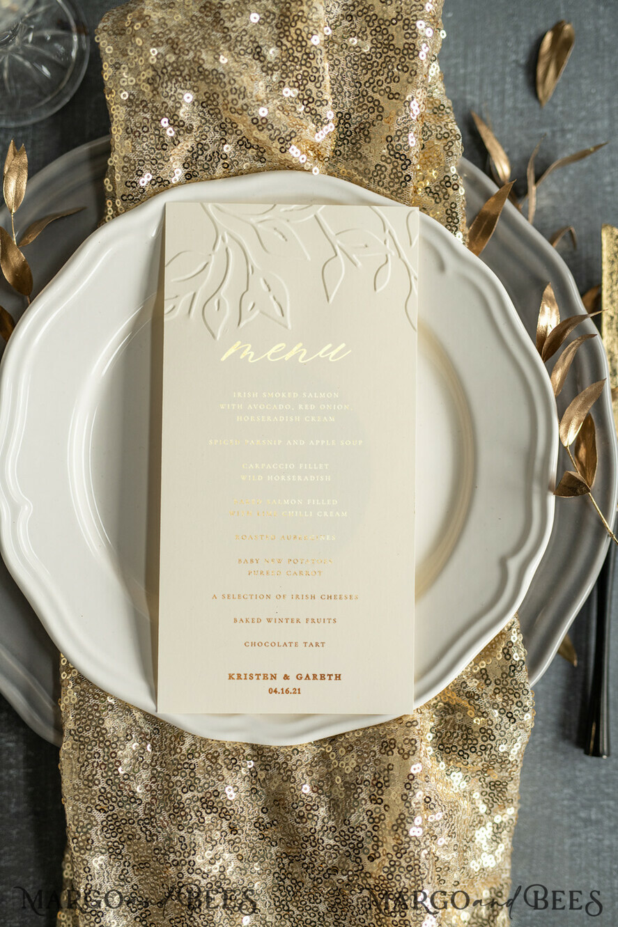 MENÜ & PROGRAMME  
 Glitzer/ Luxus Premium Prägierte Elfenbein-Hochzeitsmenüs, elegante Hochzeitsmenükarten mit floralem Motiv, luxuriöses Hochzeitsmenü mit Goldfolie, Blatt-Hochzeitsmenü mit Goldfolie und goldenem Zwirn.