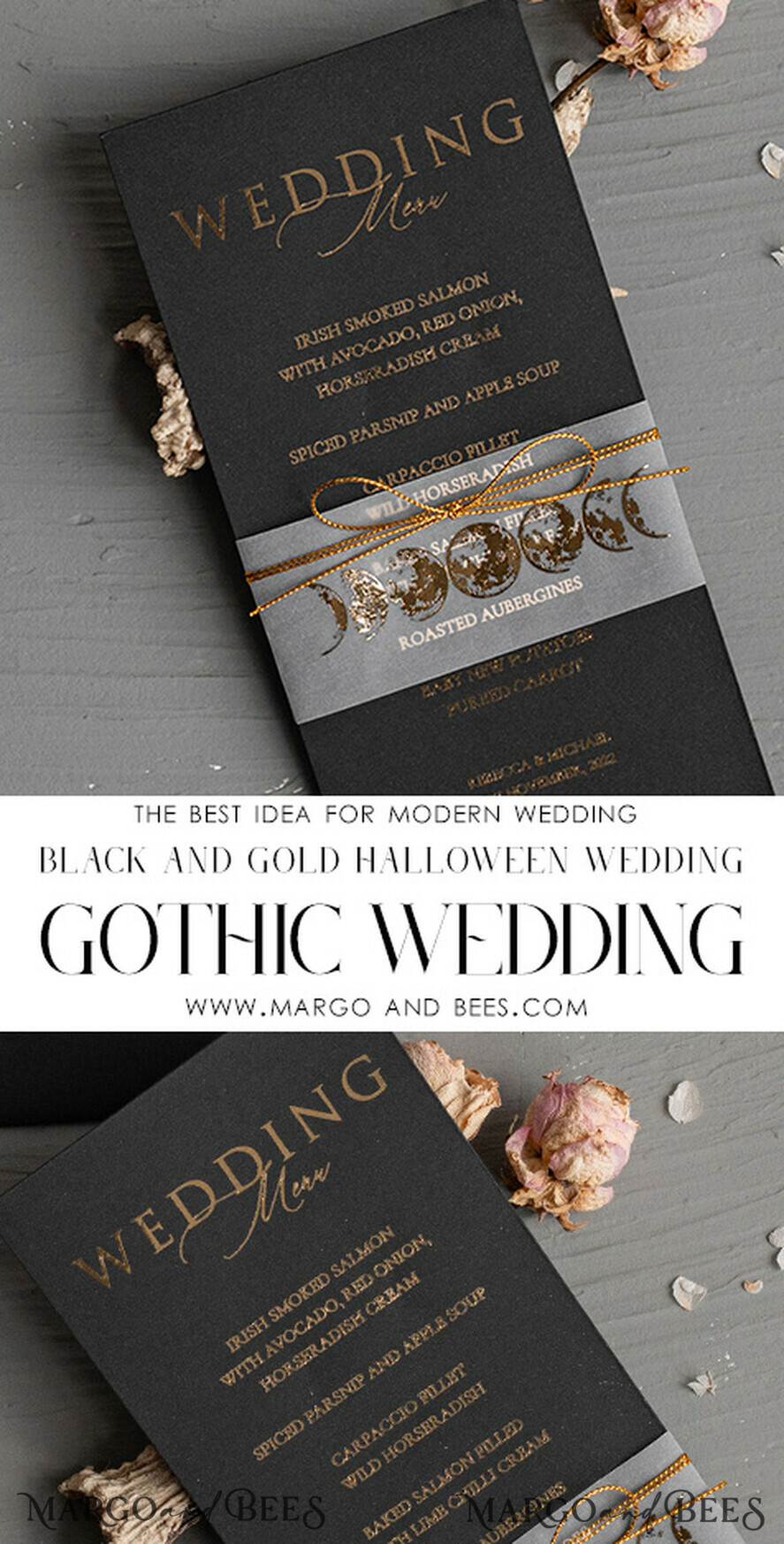 MENÜ & PROGRAMME  
 Glitzer/ Luxus Premium Halloween Hochzeitsmenükarte, Schwarze Hochzeitsmenü, Gruseliges Halloween Menü, Gotische Hochzeitsmenükarten, Skelett Hochzeitsset schwarz und gold