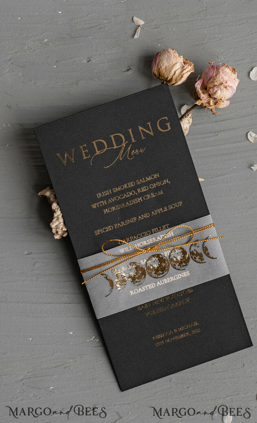 MENÜ & PROGRAMME  
 Glitzer/ Luxus Premium Halloween Hochzeitsmenükarte, Schwarze Hochzeitsmenü, Gruseliges Halloween Menü, Gotische Hochzeitsmenükarten, Skelett Hochzeitsset schwarz und gold