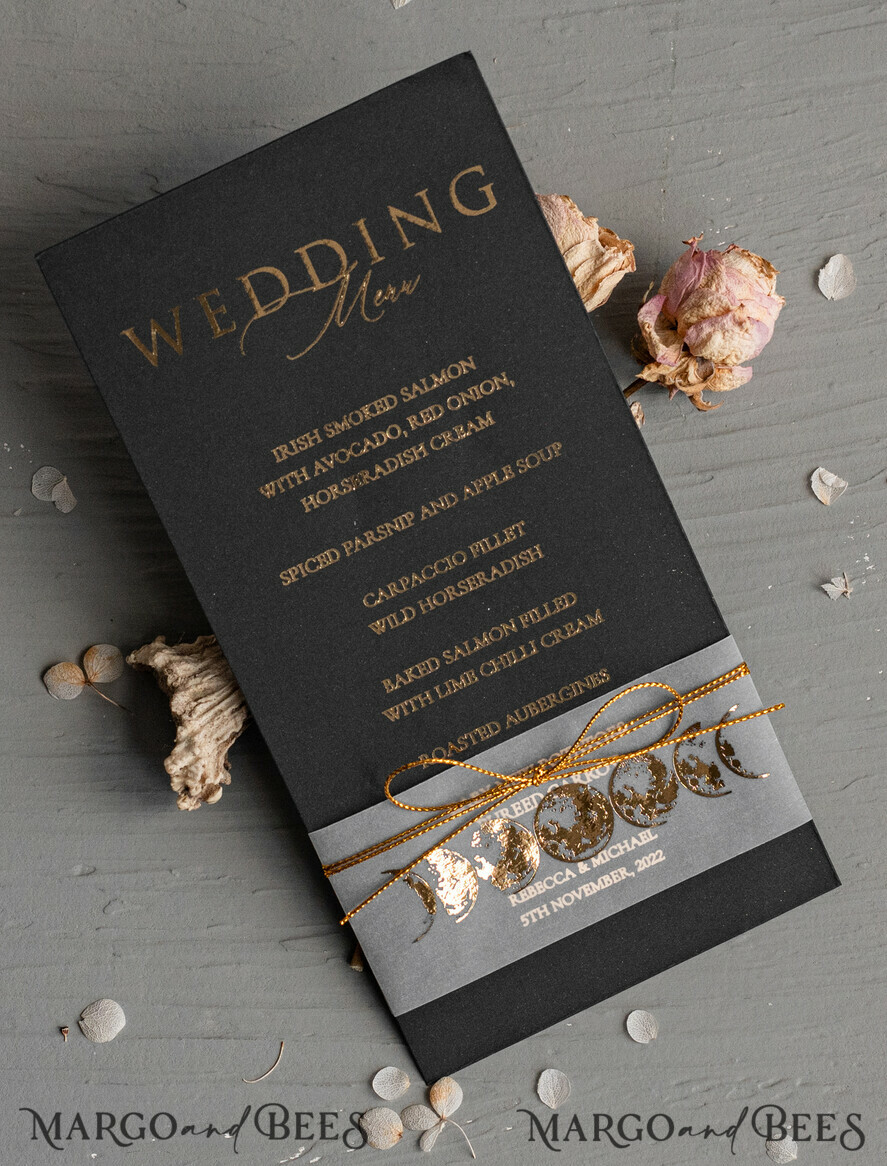 MENÜ & PROGRAMME  
 Glitzer/ Luxus Premium Halloween Hochzeitsmenükarte, Schwarze Hochzeitsmenü, Gruseliges Halloween Menü, Gotische Hochzeitsmenükarten, Skelett Hochzeitsset schwarz und gold