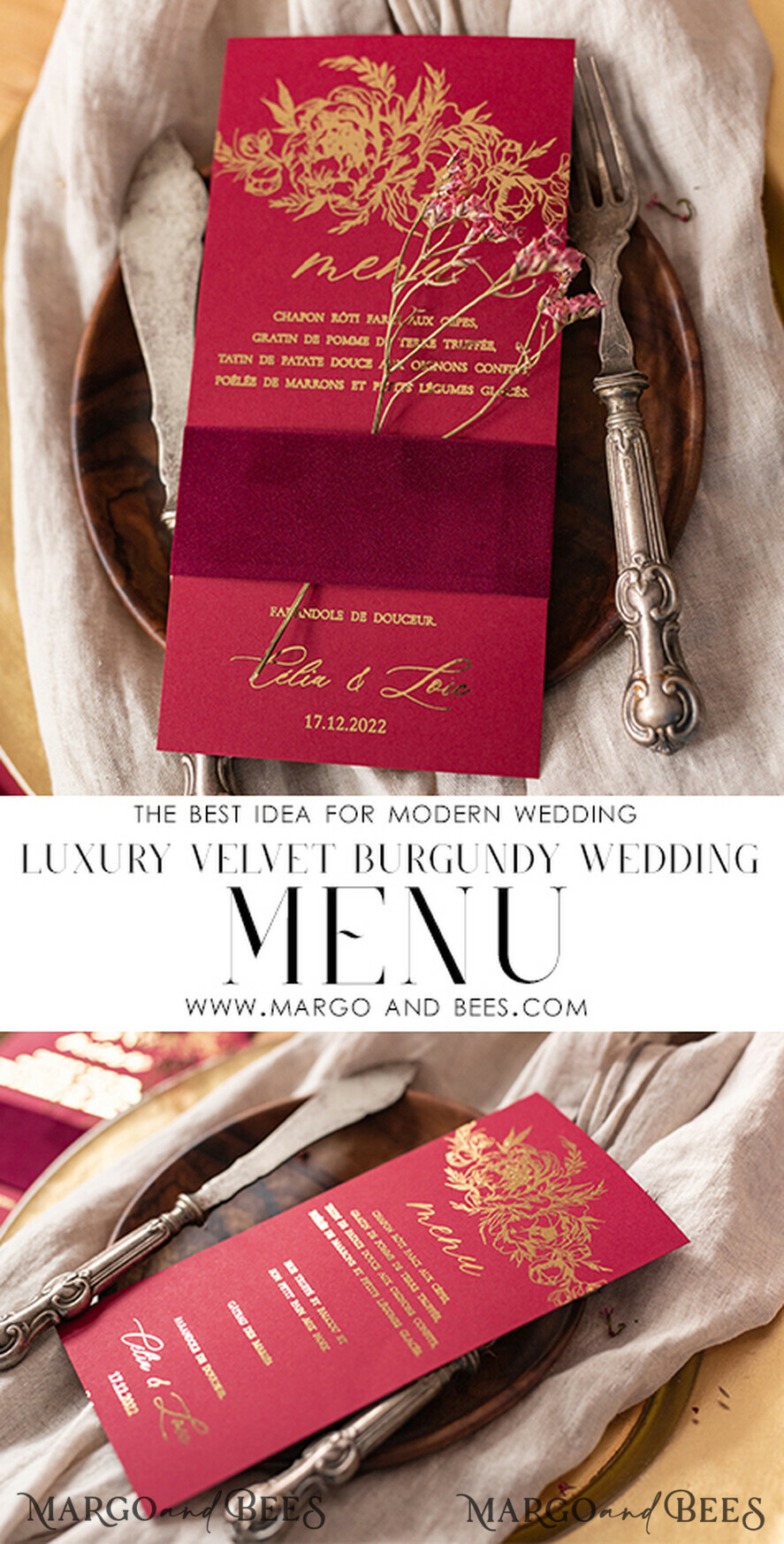 MENÜ & PROGRAMME  
 Glitzer/ Luxus Premium Elegantes Burgunder- und Gold-Hochzeitsmenü, Glamouröses Goldfolien-Dinner-Menü mit Samt-Bauchband, Einzigartiges Luxus-Marsala-Menü, Moderne Hochzeitsmenükarten mit Blumen.