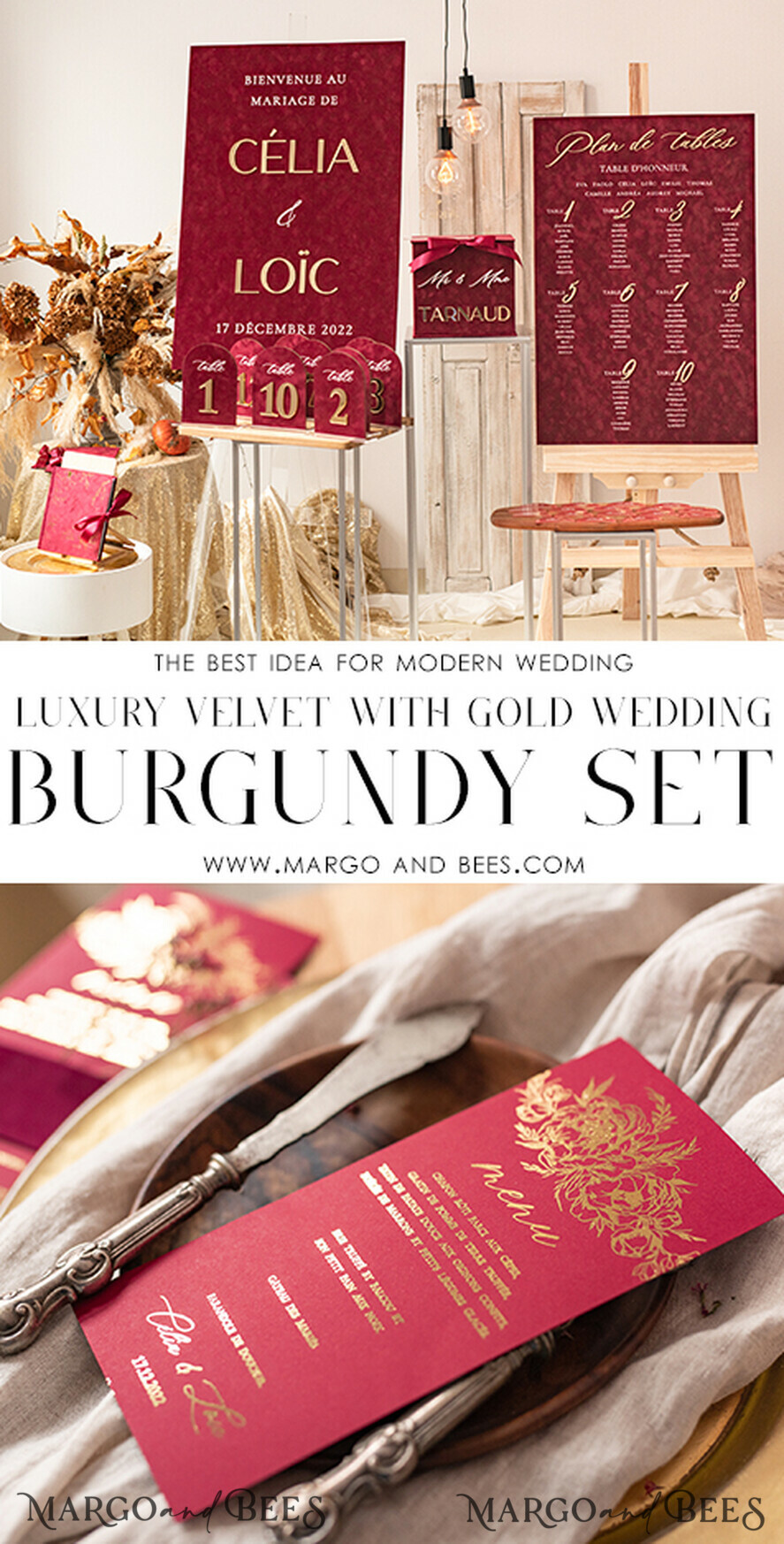 MENÜ & PROGRAMME  
 Glitzer/ Luxus Premium Elegantes Burgunder- und Gold-Hochzeitsmenü, Glamouröses Goldfolien-Dinner-Menü mit Samt-Bauchband, Einzigartiges Luxus-Marsala-Menü, Moderne Hochzeitsmenükarten mit Blumen.
