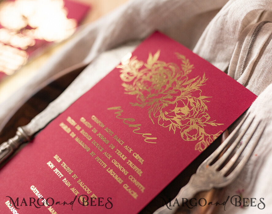 MENÜ & PROGRAMME  
 Glitzer/ Luxus Premium Elegantes Burgunder- und Gold-Hochzeitsmenü, Glamouröses Goldfolien-Dinner-Menü mit Samt-Bauchband, Einzigartiges Luxus-Marsala-Menü, Moderne Hochzeitsmenükarten mit Blumen.