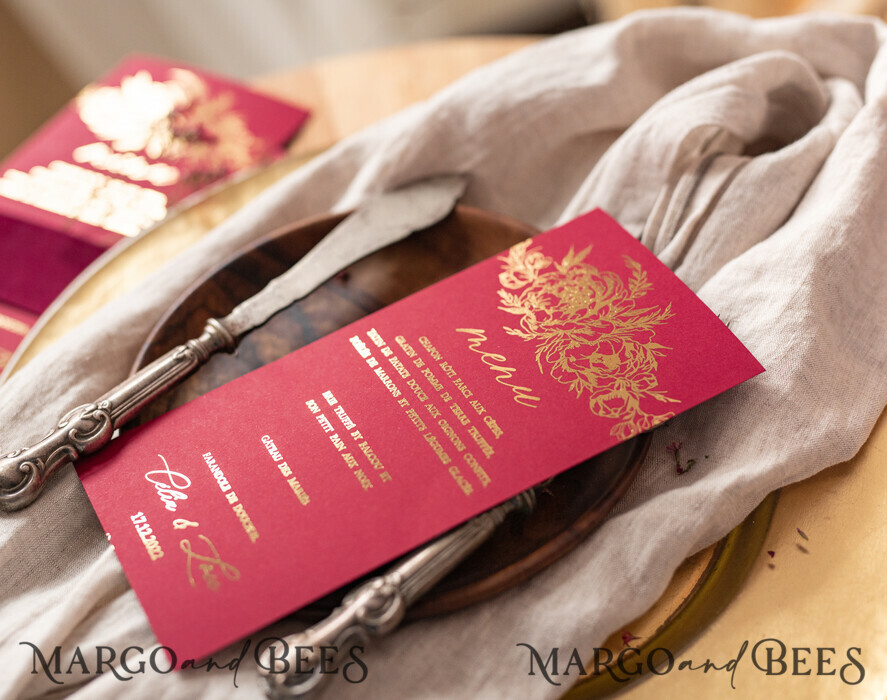 MENÜ & PROGRAMME  
 Glitzer/ Luxus Premium Elegantes Burgunder- und Gold-Hochzeitsmenü, Glamouröses Goldfolien-Dinner-Menü mit Samt-Bauchband, Einzigartiges Luxus-Marsala-Menü, Moderne Hochzeitsmenükarten mit Blumen.