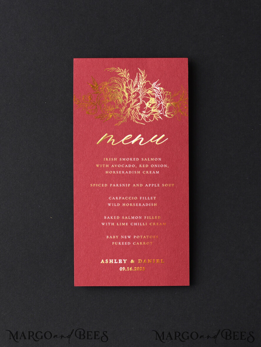 MENÜ & PROGRAMME  
 Glitzer/ Luxus Premium Elegantes Burgunder- und Gold-Hochzeitsmenü, Glamouröses Goldfolien-Dinner-Menü mit Samt-Bauchband, Einzigartiges Luxus-Marsala-Menü, Moderne Hochzeitsmenükarten mit Blumen.
