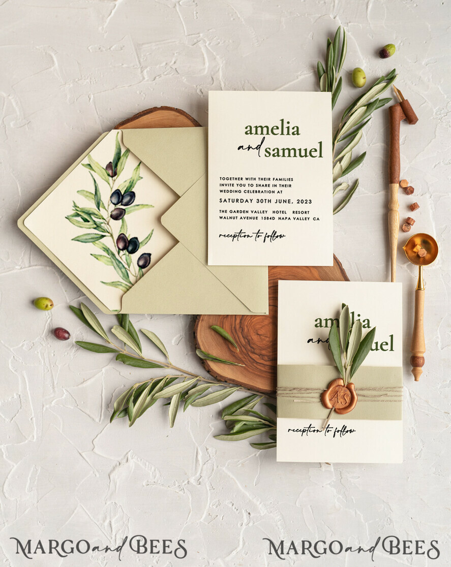 HOCHZEITS EINLADUNGEN Moderne Einladungen Florale Karten Handgemachte Hochzeits Einladung, Oliven Toskana Hochzeits Einladungen, Griechische Reise Hochzeits Stationery, Natürliche Oliven Luxus Hochzeits Einladungen