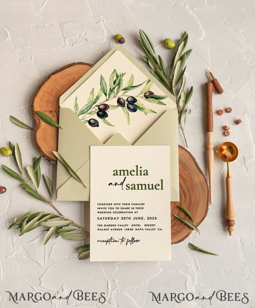 HOCHZEITS EINLADUNGEN Moderne Einladungen Florale Karten Handgemachte Hochzeits Einladung, Oliven Toskana Hochzeits Einladungen, Griechische Reise Hochzeits Stationery, Natürliche Oliven Luxus Hochzeits Einladungen